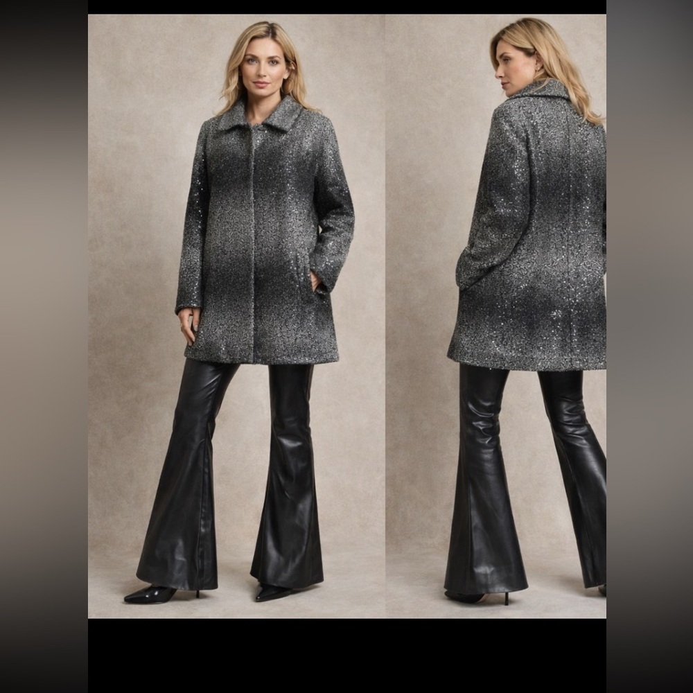 Milly Women's Sequin Wool Angle Coat Charcoal Long Blazer Ombre size M